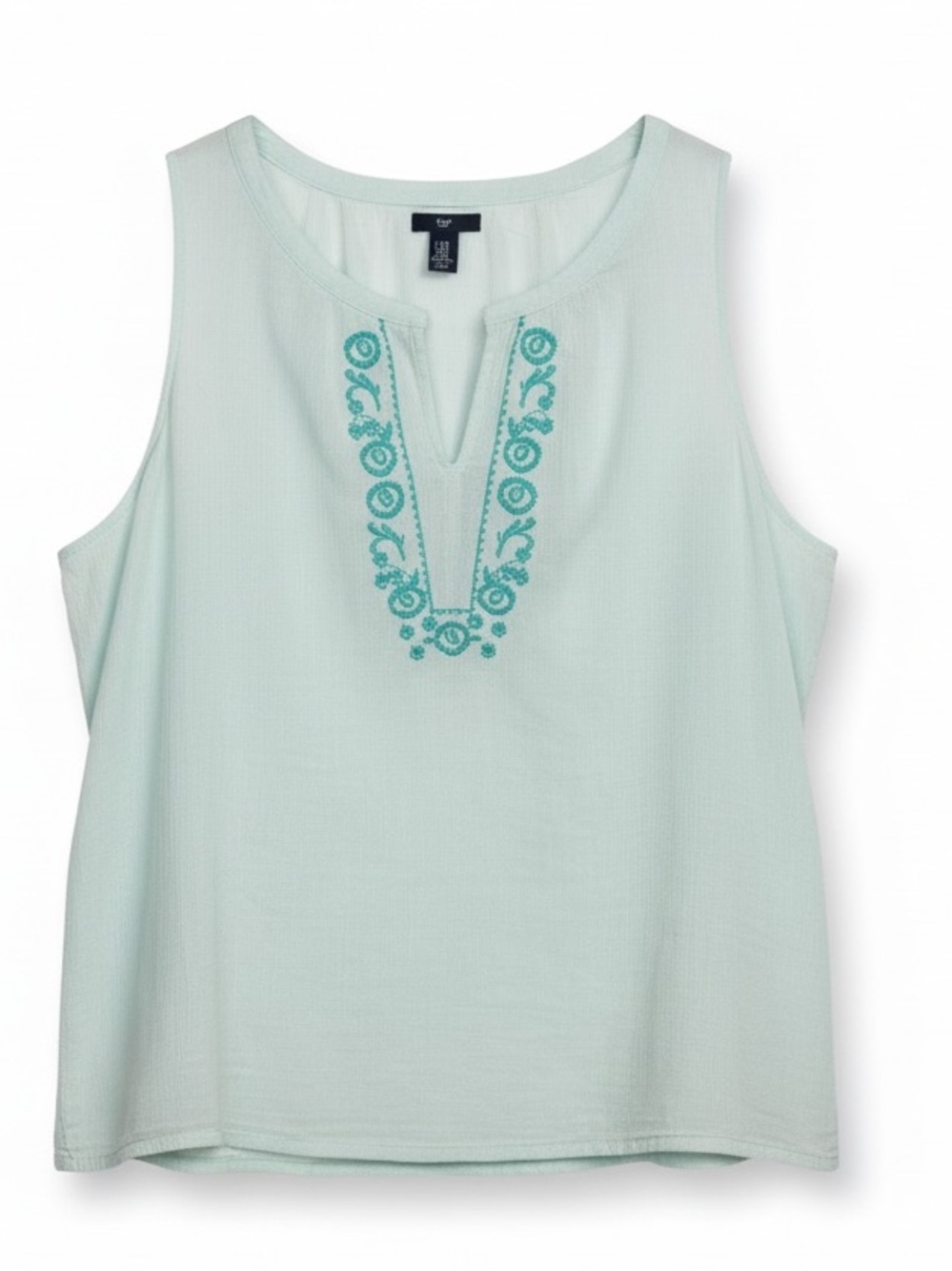 Gap Embroidered Boho Peasant Tank Top Blouse Light Teal Blue XXL